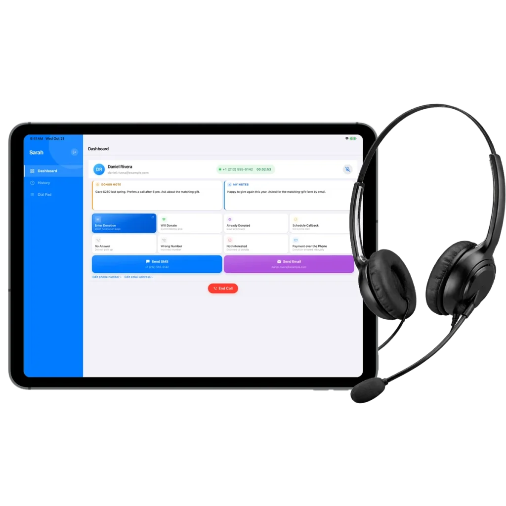 iPad running the FundraiseCall app during a donor call, next to a headset