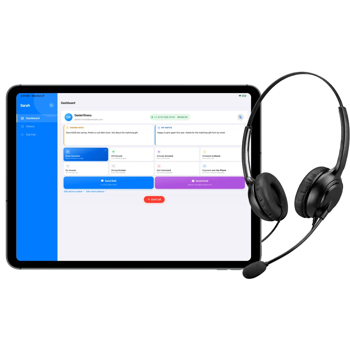 iPad running the FundraiseCall app during a donor call, next to a headset