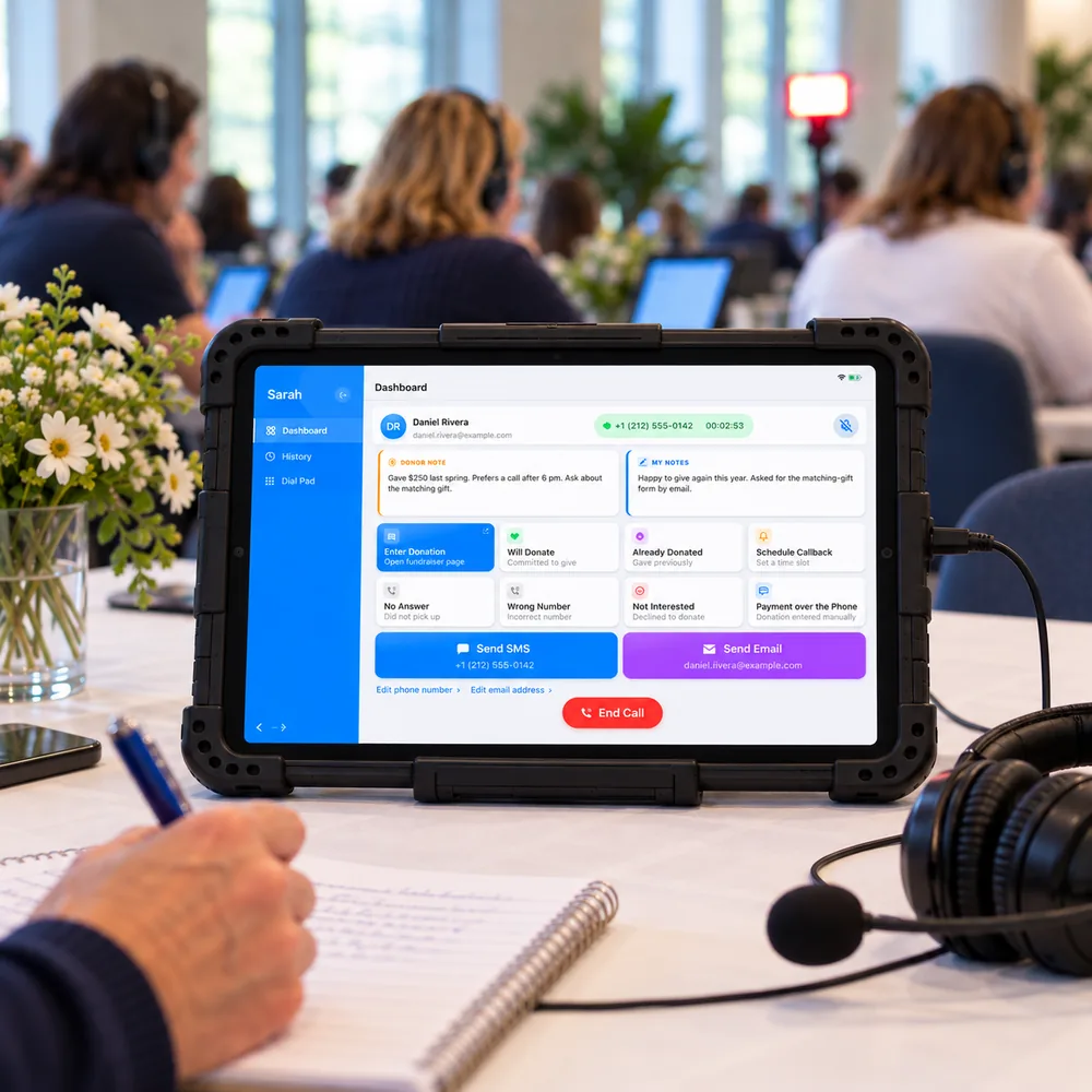 iPad on a stand showing the FundraiseCall app during a donor call, with the donor's notes on screen and a headset beside it