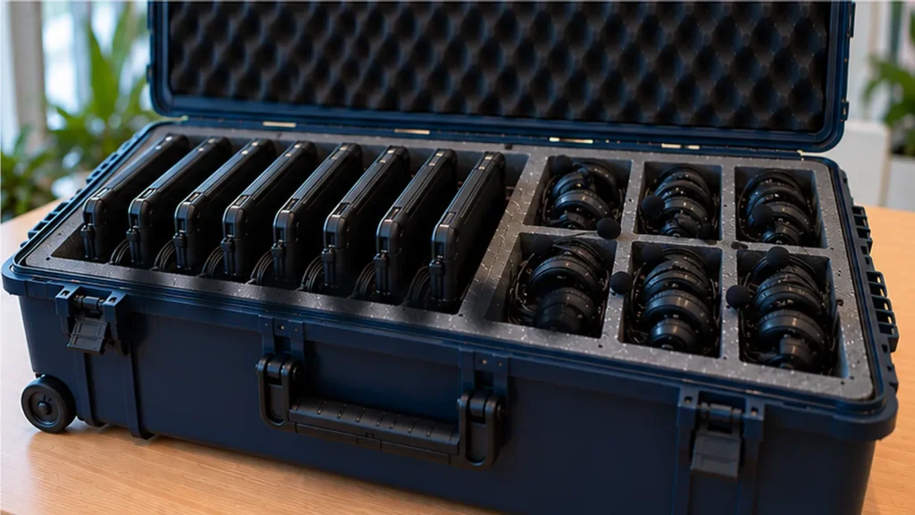 Hard case with iPads and headsets packed in foam, ready to ship