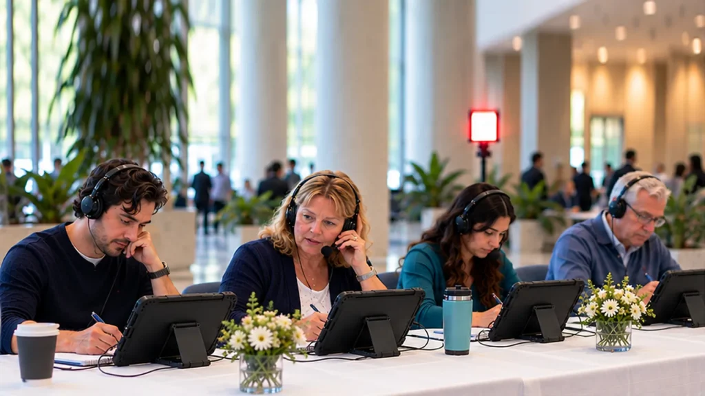 Volunteers with headsets taking pledge calls on iPads at a long table in a bright lobby